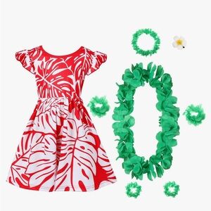 Tropical Red and White Kids Costume Dress with Green Accessories